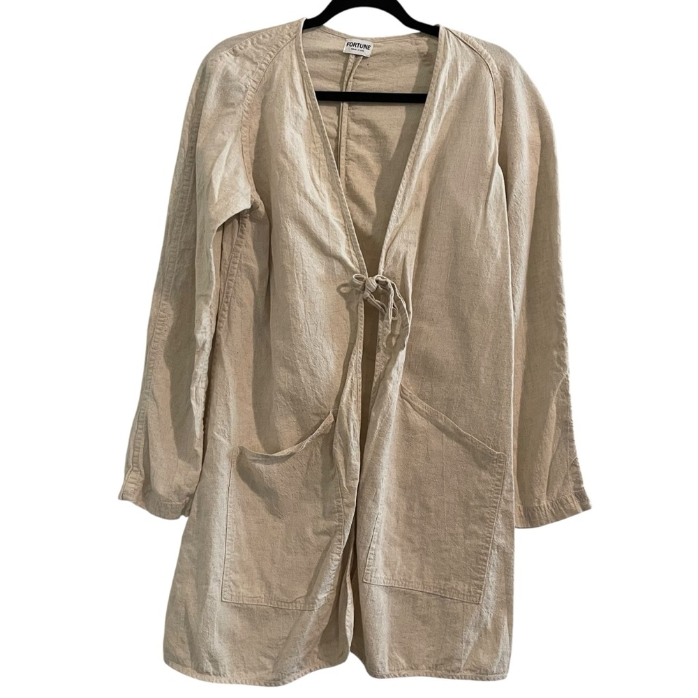 FORTUNE Beige Front-Tie Linen Cotton Cardigan Lagenlook Artsy Minimalist XS